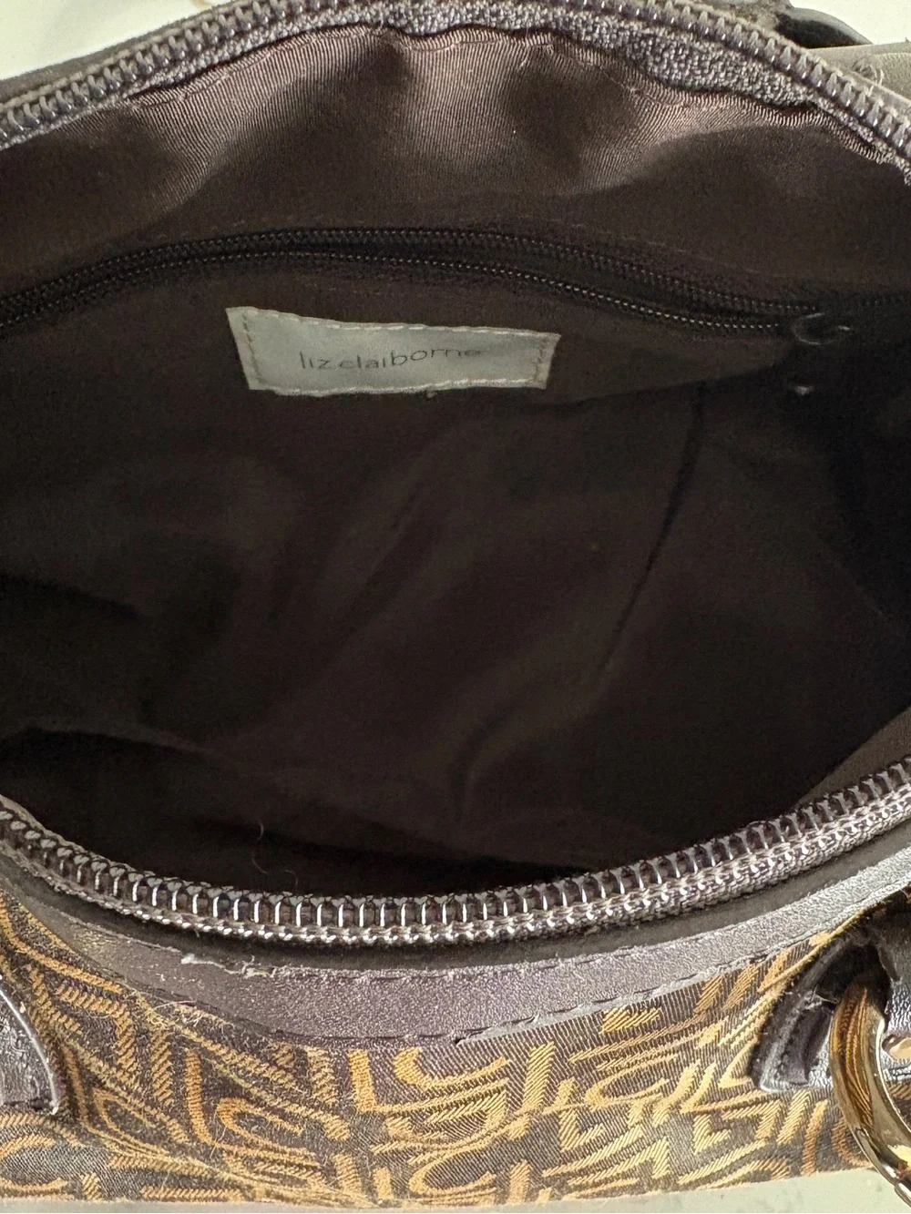 Liz Claiborne Brown Logo-Print Satchel with Dark Brown Trim